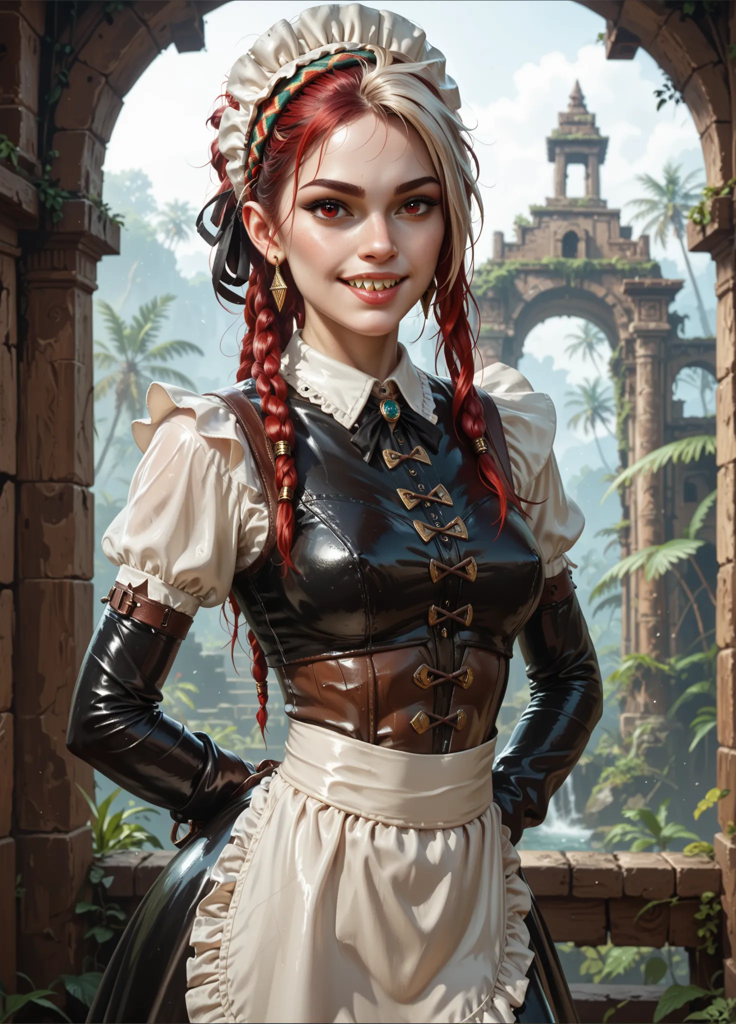 Curious expression. Slender body. Lean body-type. Marble-White skin. Cute 18-year-old Aztec and Indonesian girl with big Asian red eyes and unnaturally sharp teeth and dreadlocks (white and red hair). Intense red eyes. Sharp and shark-like teeth. She has a...
