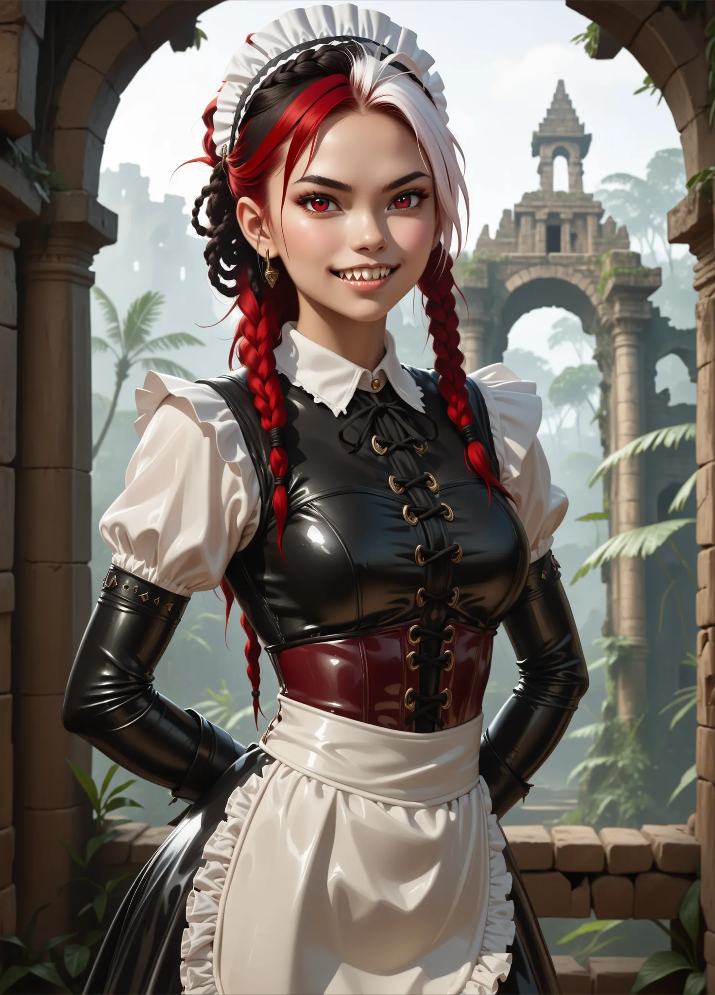 Curious expression. Slender body. Lean body-type. Marble-White skin. Cute 18-year-old Aztec and Indonesian girl with big Asian red eyes and unnaturally sharp teeth and dreadlocks (white and red hair). Intense red eyes. Sharp and shark-like teeth. She has a...