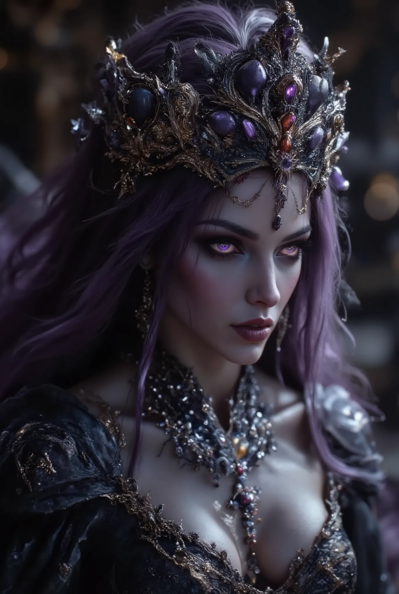 purple eyes hanging thin、purple hair straight up to the shoulders、raised eyebrows、a scary witch who is very thin、anorexic woman with pale face and cheekbones、Overwhelming expression、anorexic woman with a pale face、looking away、live action real fantasy film...