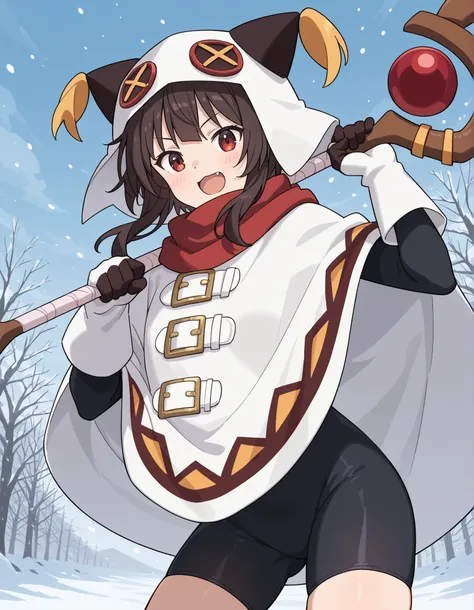 MeguminWInter-Liver020, 1girl, solo, short hair, brown hair, black hair, short hair with long locks,, winter clothes, cat ears, white hoodie, white hood, red scarf, white cape, gloves, black bodysuit, alt outfit, white poncho, black animal ear hood, animal...