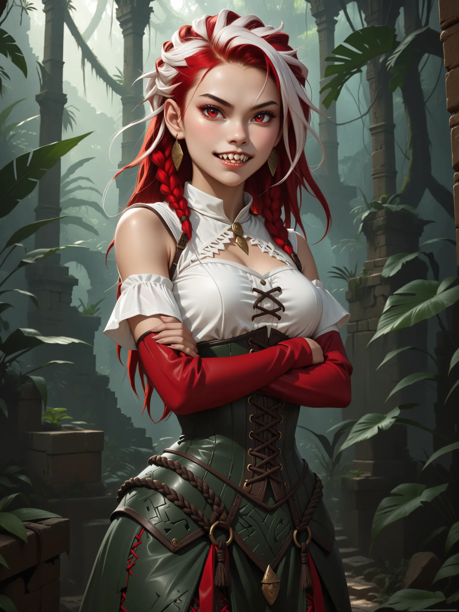Curious expression. Slender body. Lean body-type. Marble-White skin. Cute 18-year-old Aztec and Indonesian girl with big Asian red eyes and unnaturally sharp teeth and dreadlocks (white and red hair). Intense red eyes. Sharp and shark-like teeth. She has a...