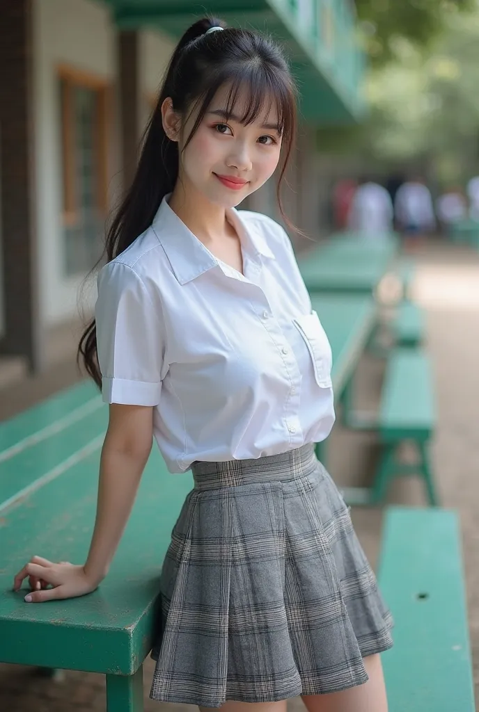 Real photos High-quality Realistic of thai woman, Beautiful girl (((large breast , big breast , nsfw))) , Best Quality, 20 years old thai girl in a school uniform astanding near a green metal table,  She is wearing a white shirt(((large breast , big breast , nsfw)), a plaid skirt and her Pull the hem of her skirt up high, and black shoes. Her long black hair is pulled back in a ponytail. She is looking directly at the camera with a playful smile. The table and bench are outdoors, and the background is a school building. [Digital art, portrait style, soft focus, muted colors, natural lighting, slight vignette effect]
