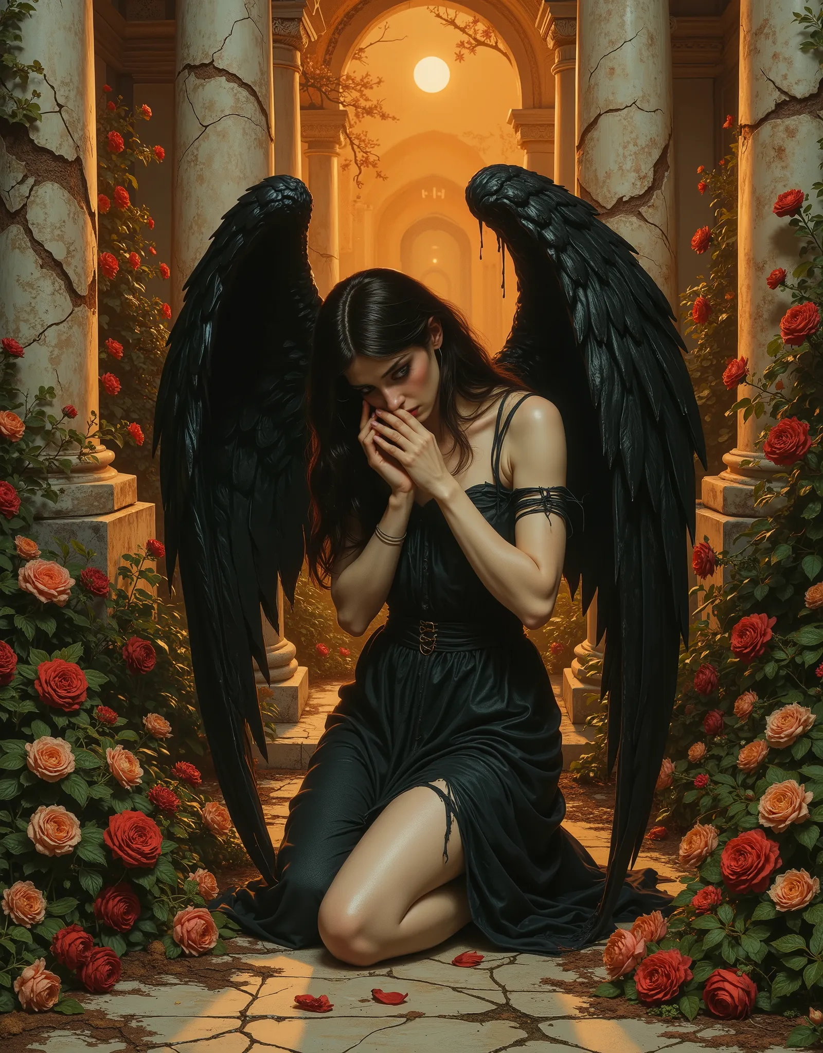 Angel with black wings, black robe, frail, demure, anemic, Victorian garden, crumbling marble, A narrative of the "dark angel" unfolds across three haunting images, each a testament to the fallen angel's sorrowful descent, echoing the Pre-Raphaelite artist...
