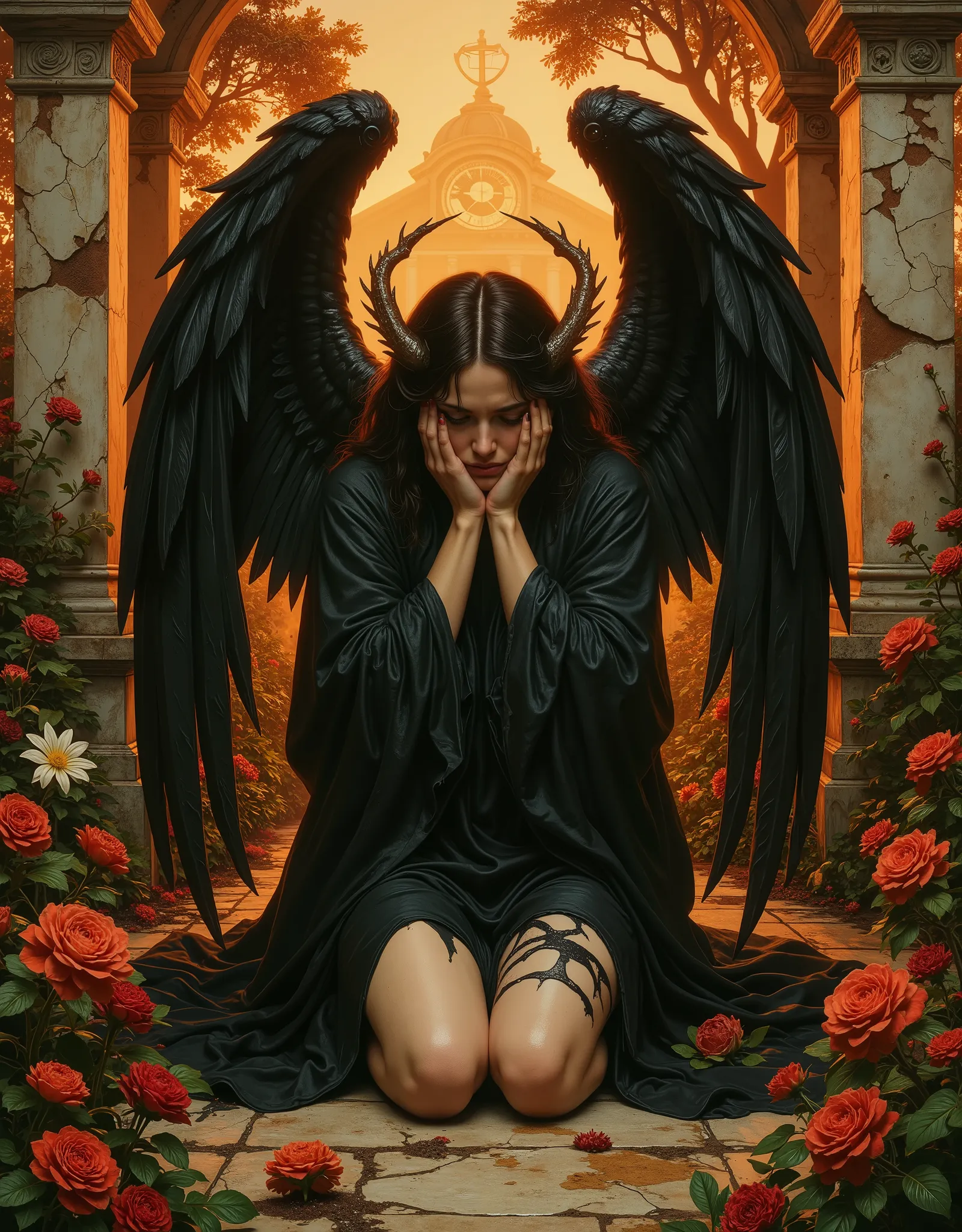 Angel with black wings, black robe, frail, demure, anemic, Victorian garden, crumbling marble, A narrative of the "dark angel" unfolds across three haunting images, each a testament to the fallen angel's sorrowful descent, echoing the Pre-Raphaelite artist...