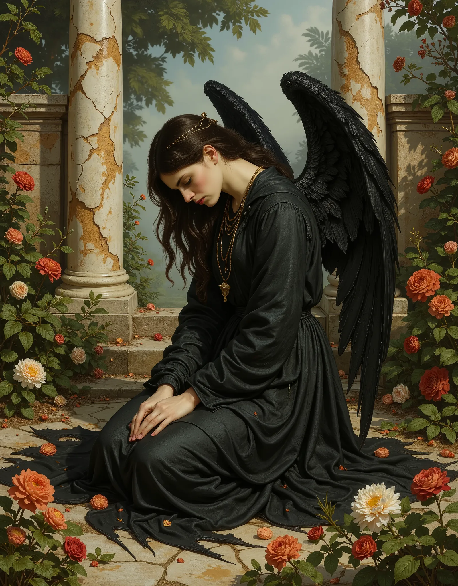 Angel with black wings, black robe, frail, demure, anemic, Victorian garden, crumbling marble, A narrative of the "dark angel" unfolds across three haunting images, each a testament to the fallen angel's sorrowful descent, echoing the Pre-Raphaelite artist...