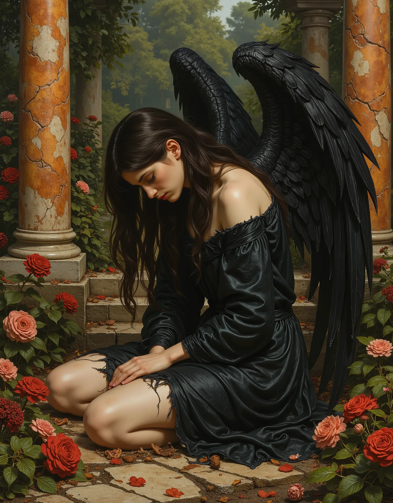 Angel with black wings, black robe, frail, demure, anemic, Victorian garden, crumbling marble, A narrative of the "dark angel" unfolds across three haunting images, each a testament to the fallen angel's sorrowful descent, echoing the Pre-Raphaelite artist...