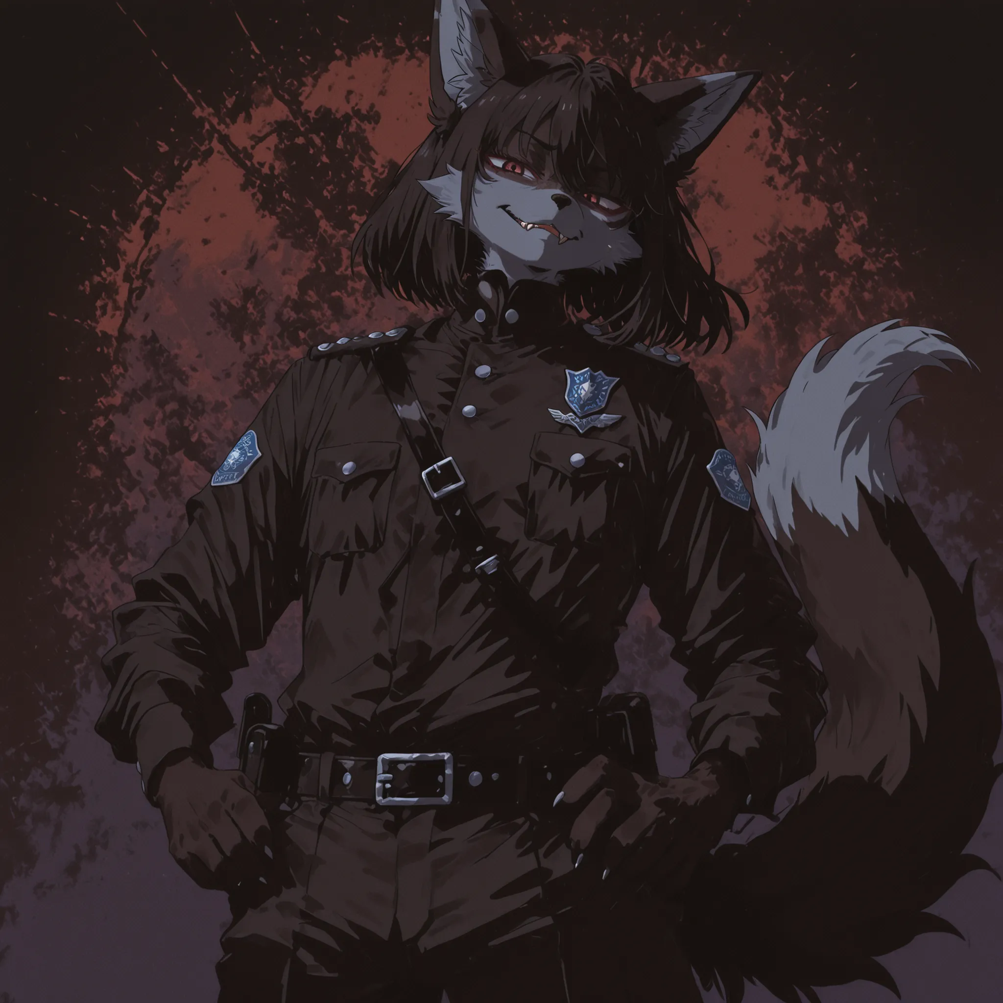 Kemono,Kemono,"Bold male furry character, fox with black fur and unique fur patterns, sharp fangs, fantasy officer uniform, kemono style, black hair, visible fluffy tail, confident expression, detailed design, dark color palette, strong and daring atmosphe...