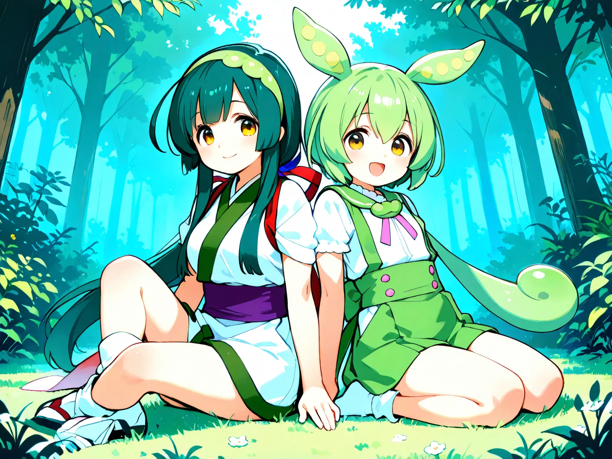 Tohoku Zunko,zundamon,two girls in the back,high resolution,smile,smile ヤン,top quality,full body view