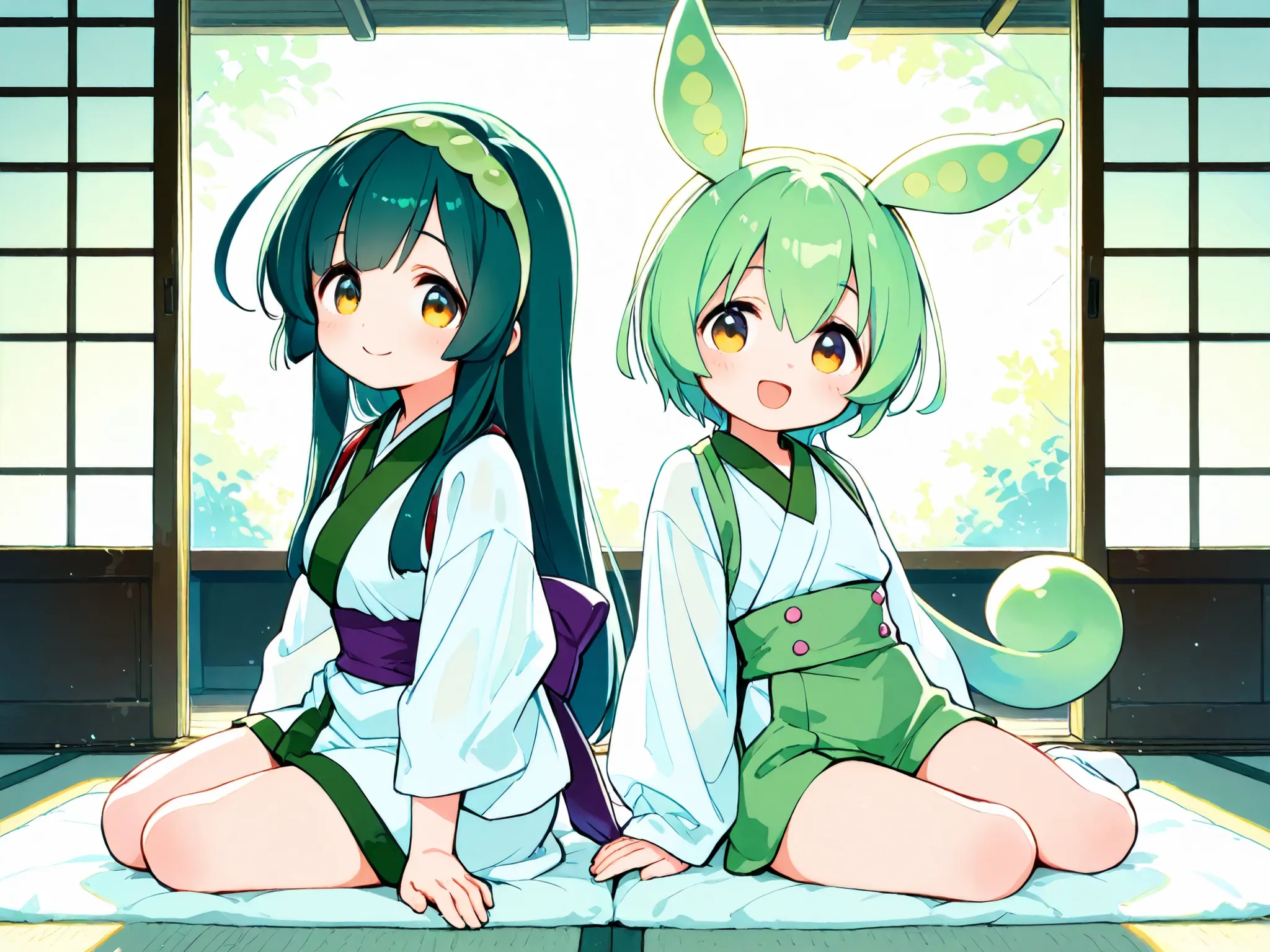 Tohoku Zunko,zundamon,two girls in the back,high resolution,smile,smile ヤン,top quality,full body view