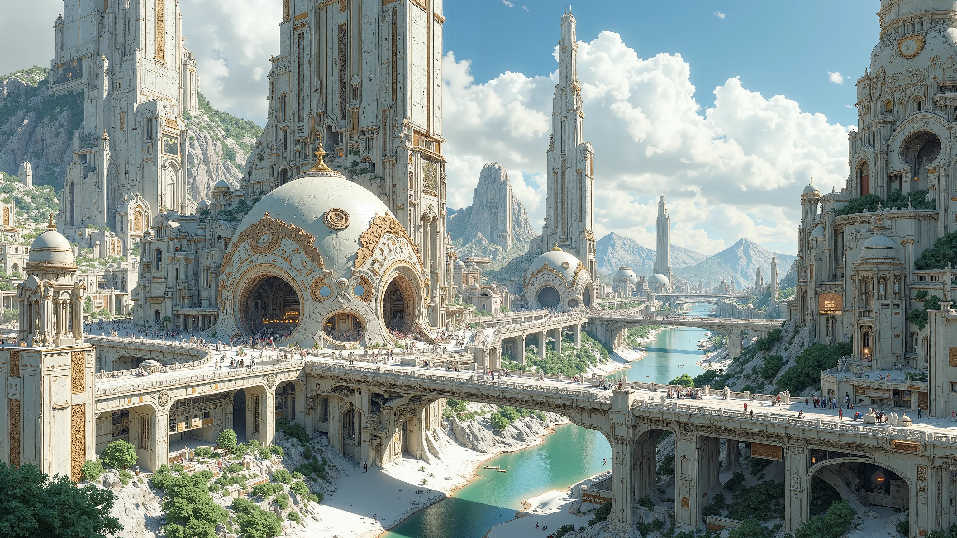 A majestic metropolis rises from the ancient earth, Altalena's capital in its primeval glory. Towering structures, a testament to the giant creatures that built it, stretch towards the sky, their ornate facades adorned with arches and statues. Bridges span...