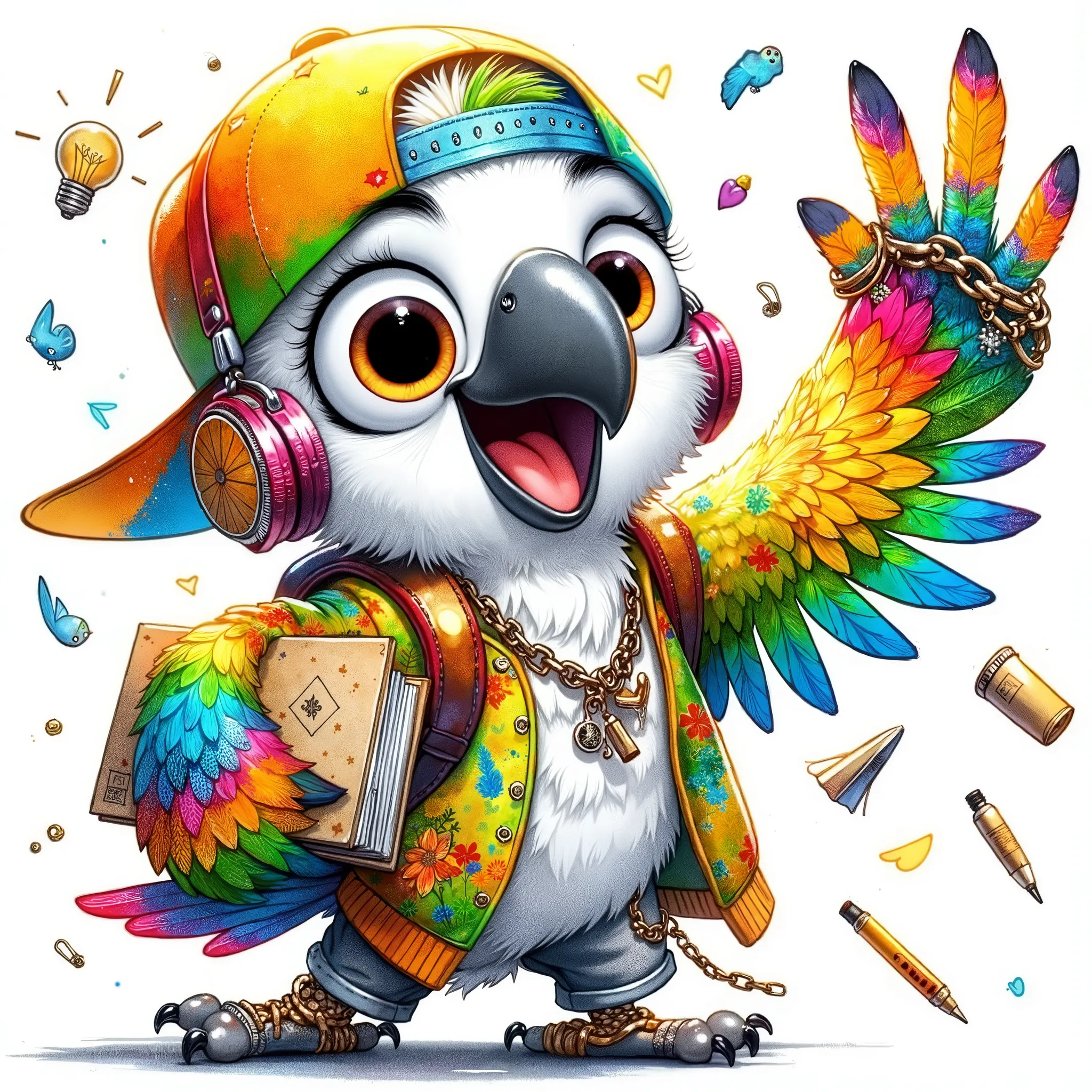 (extremally detailed hi-rez: 1.5) a quirky crazy  happy expressive emotions by pixarand Zootopia,glossing vibrant vivid, color-metallicgoldlines-inkblacklines, watercolor with clear contours, single very cute flirtous 15years white  parrotteenager  cool te...