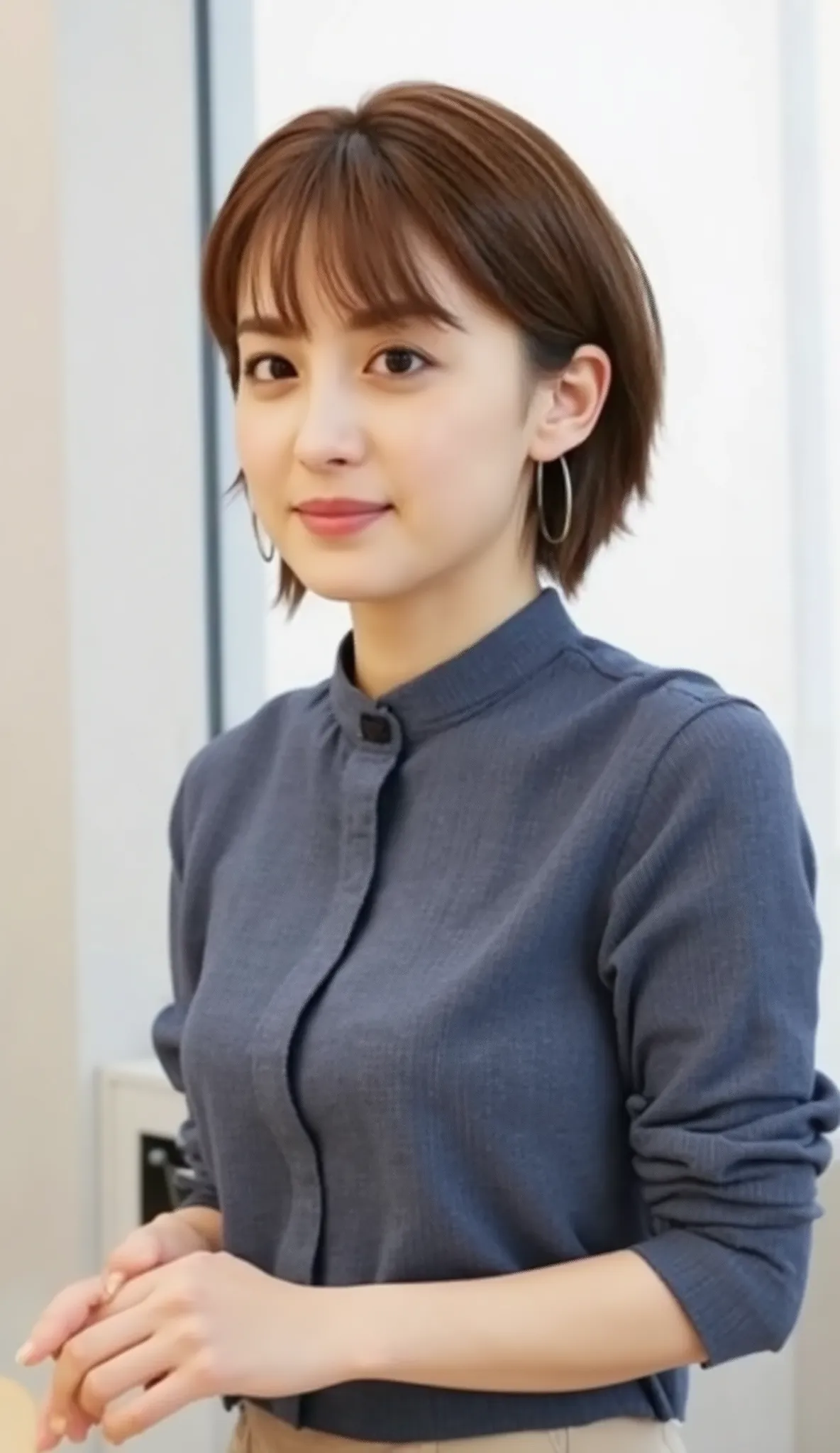 Neat Young Woman、and look at the camera、office lady suit、jacket、shirt、ネックレス、、ear piercing、、smile showing teeth、背景はオフィス
