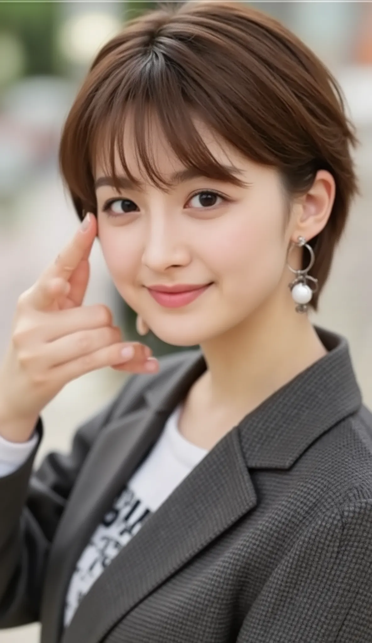 Neat Young Woman、and look at the camera、office lady suit、jacket、shirt、ネックレス、、ear piercing、、smile showing teeth、背景はオフィス
