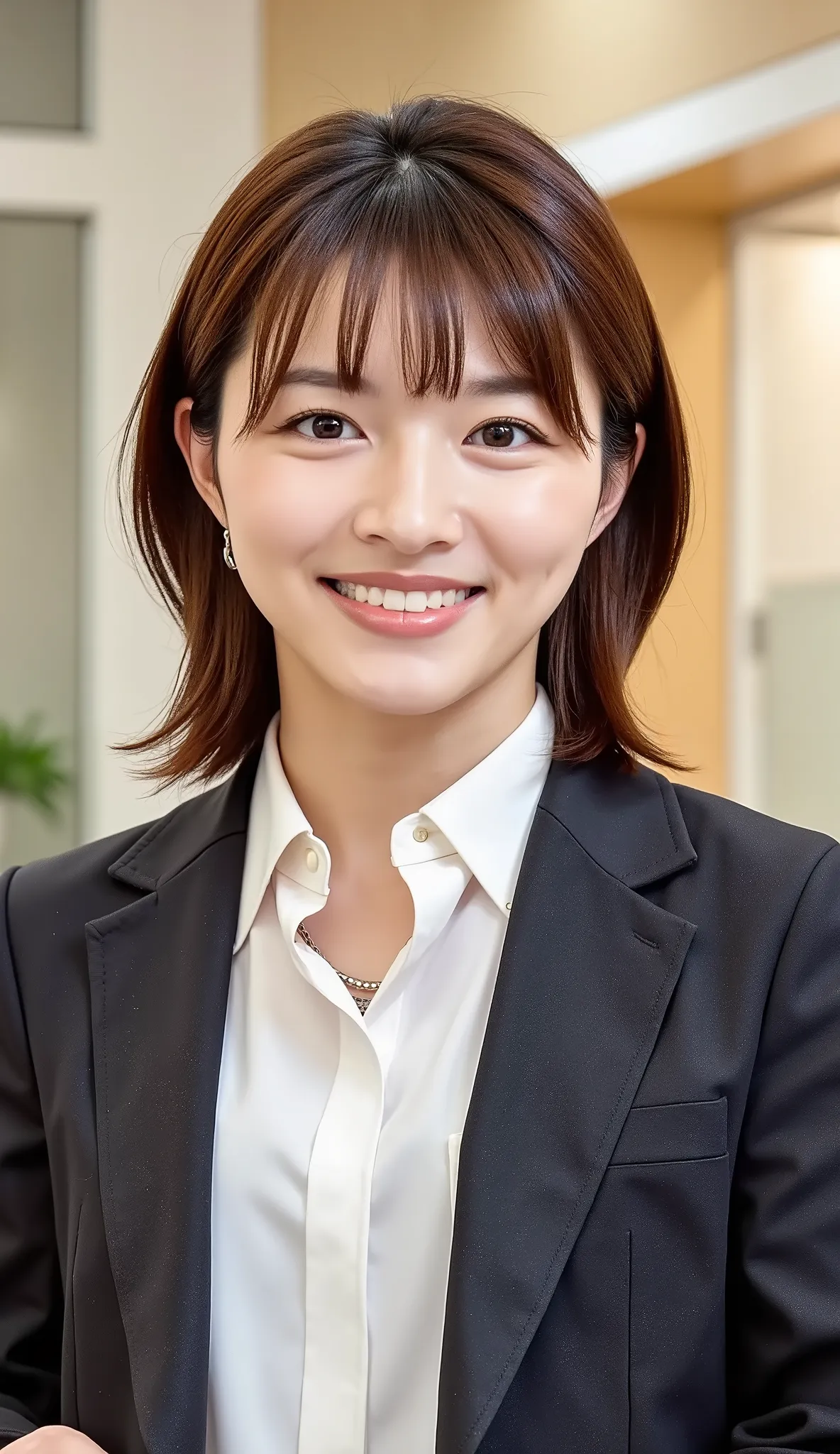 Neat Young Woman、and look at the camera、office lady suit、jacket、shirt、ネックレス、、ear piercing、、smile showing teeth、背景はオフィス