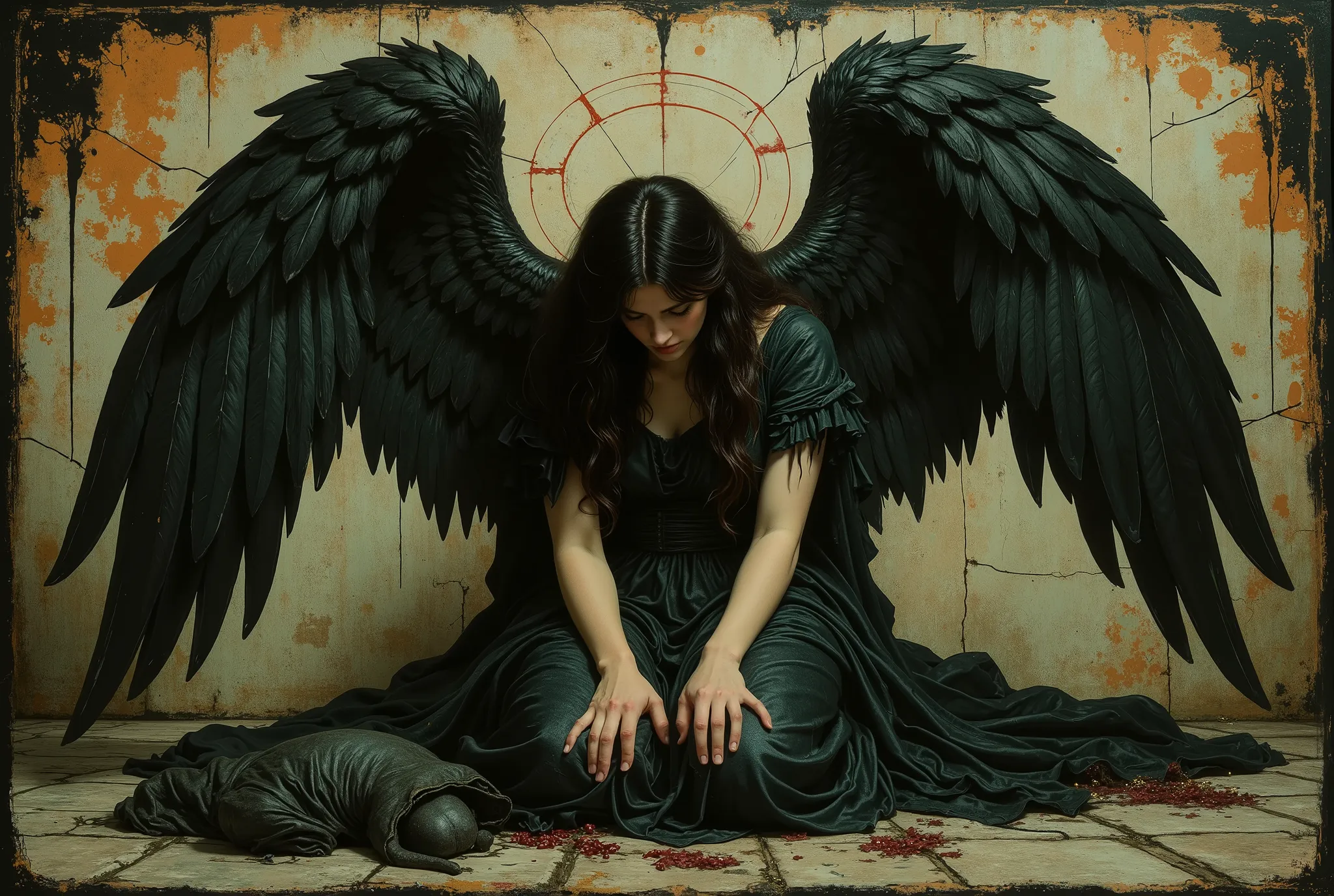 Angel with black wings, black robe, overgrown Victorian garden,  crumbling marble, A narrative of the "dark angel" unfolds across three haunting images, each a testament to the fallen angel's sorrowful descent, echoing the Pre-Raphaelite artistry of Edward...