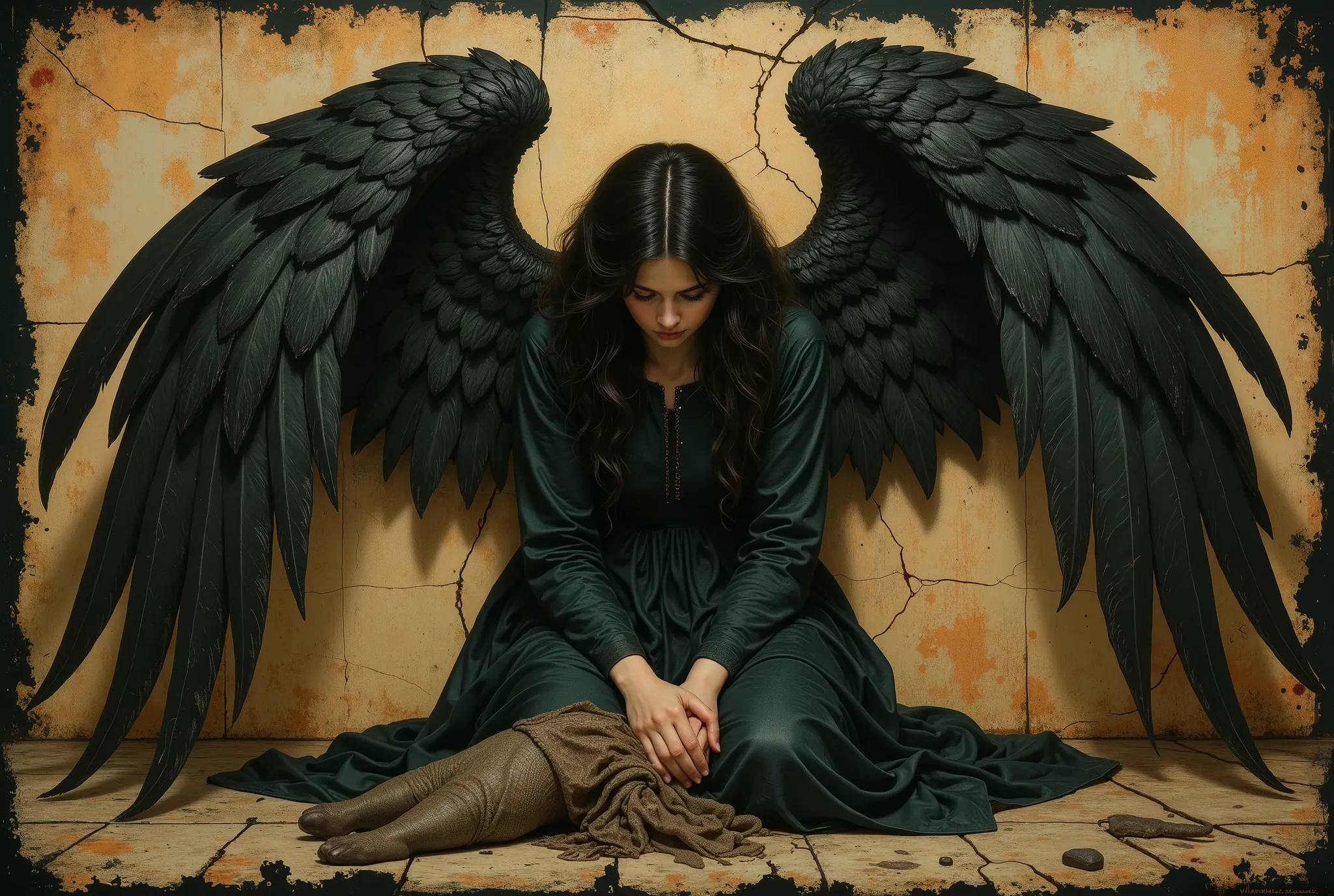 Angel with black wings, black robe, overgrown Victorian garden, crumbling marble, A narrative of the "dark angel" unfolds across three haunting images, each a testament to the fallen angel's sorrowful descent, echoing the Pre-Raphaelite artistry of Edward...