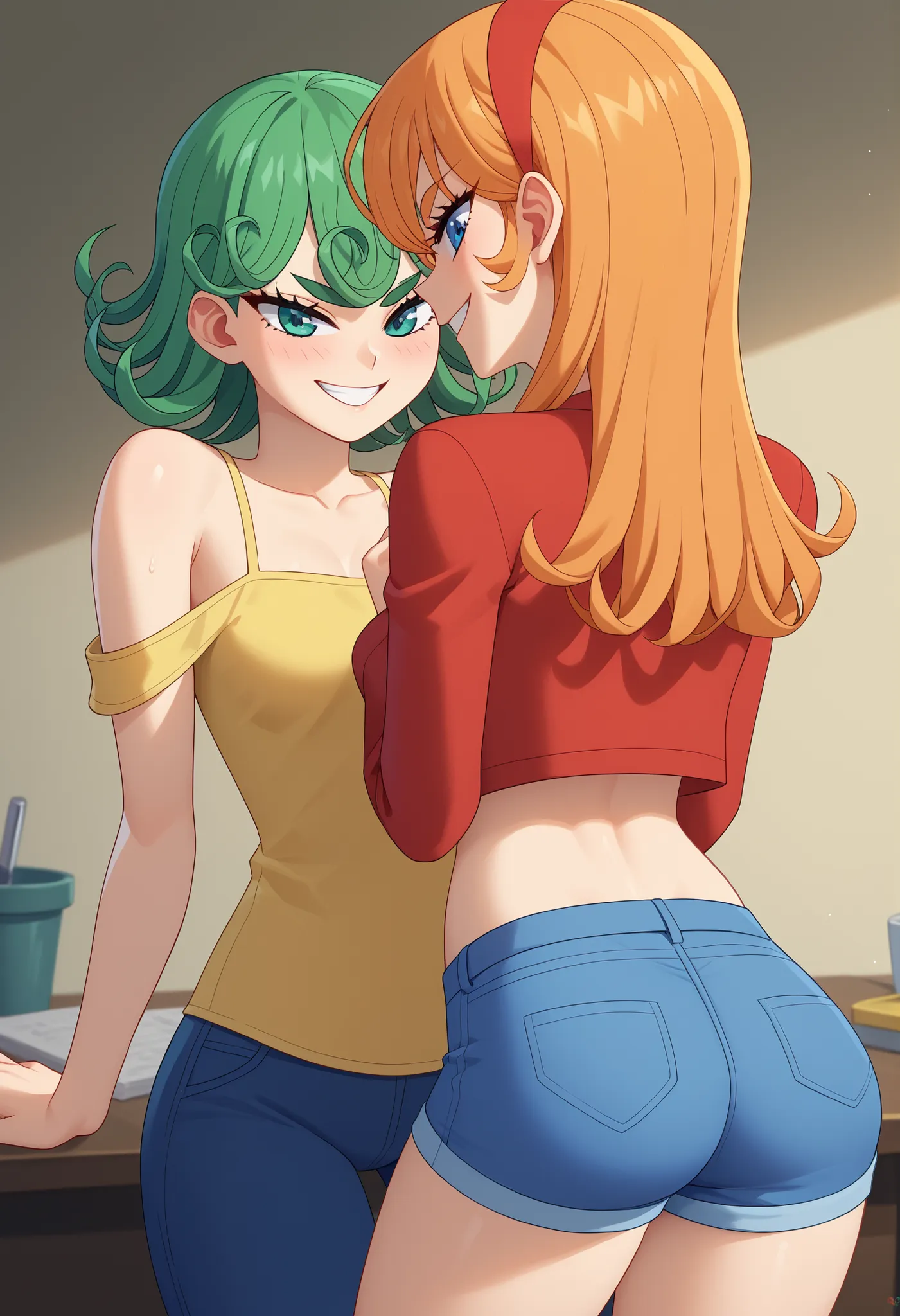 fundo simples,,  adult content , uma garota ,Cachoeira Tatsumaki, cabelo curto, cabelo encaracolado, cabelo verde, apparent small tits, coxas, vermelho, furrowed eyebrows, malevolent smile, boca fechada, Olhos Semicerrados, quadril,  from behind , bunda, p...