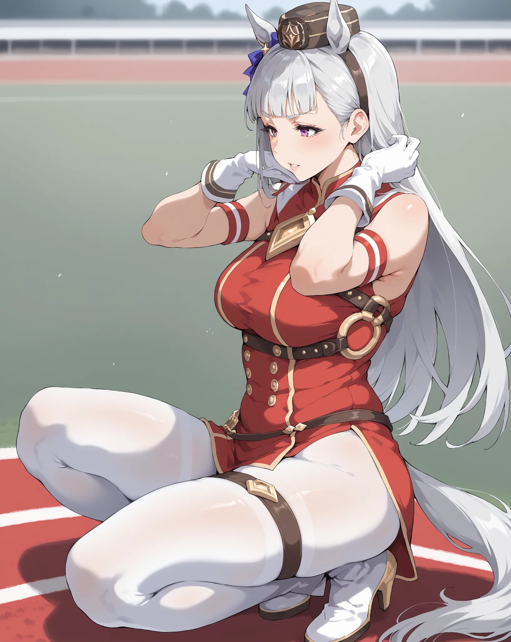 (SFW quality), solo, score_9, score_8_up, close-up picture shot of a 28 yo milf, (((derby horse track field))), (close-up 3/4 body view), (mature woman artstyle), confident, soft friendly face, sensual erotic lips, large heavy naturally saggy erotic breast...