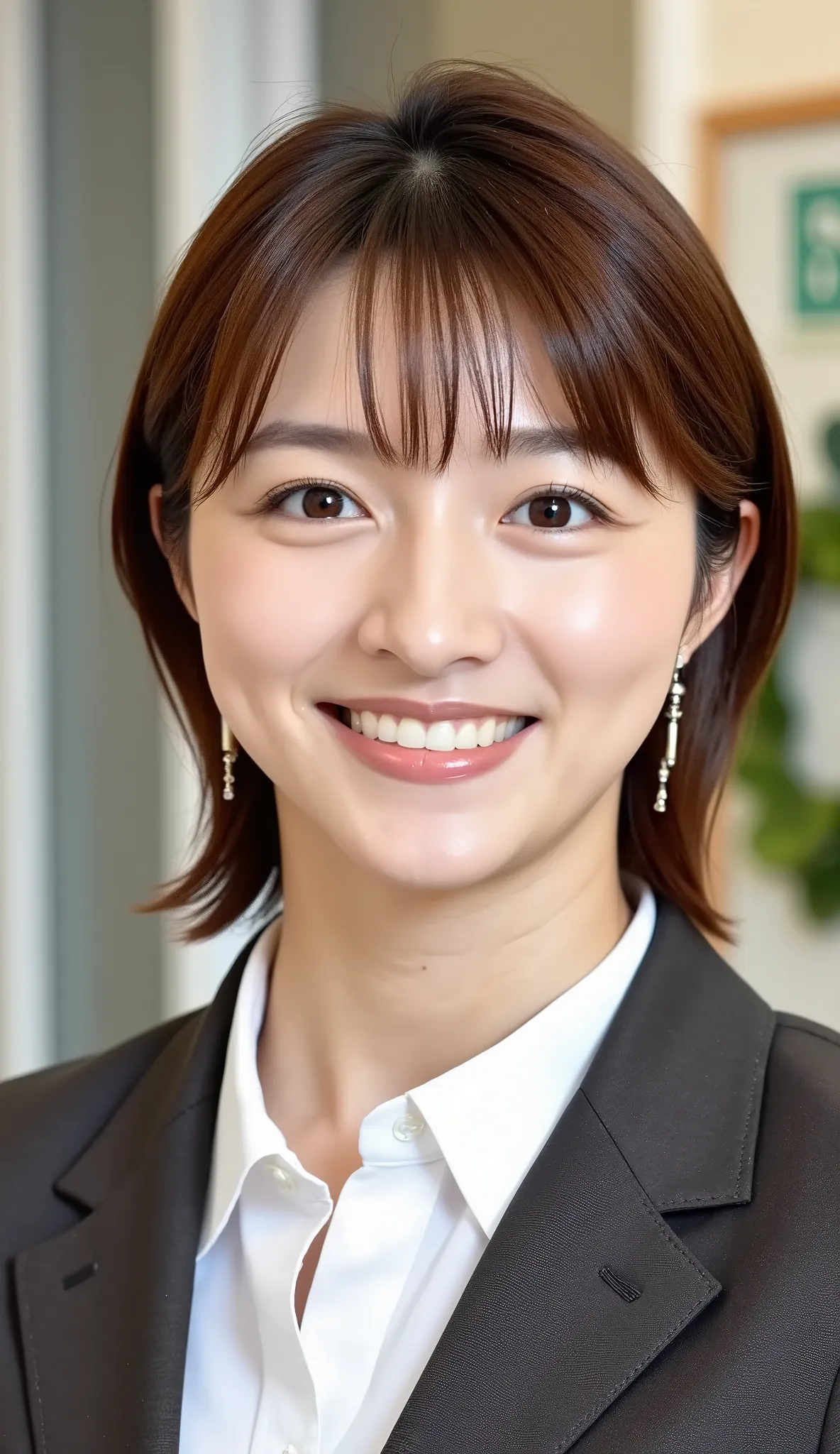 Neat Young Woman、and look at the camera、office lady suit、jacket、shirt、ネックレス、、ear piercing、、smile showing teeth、背景はオフィス