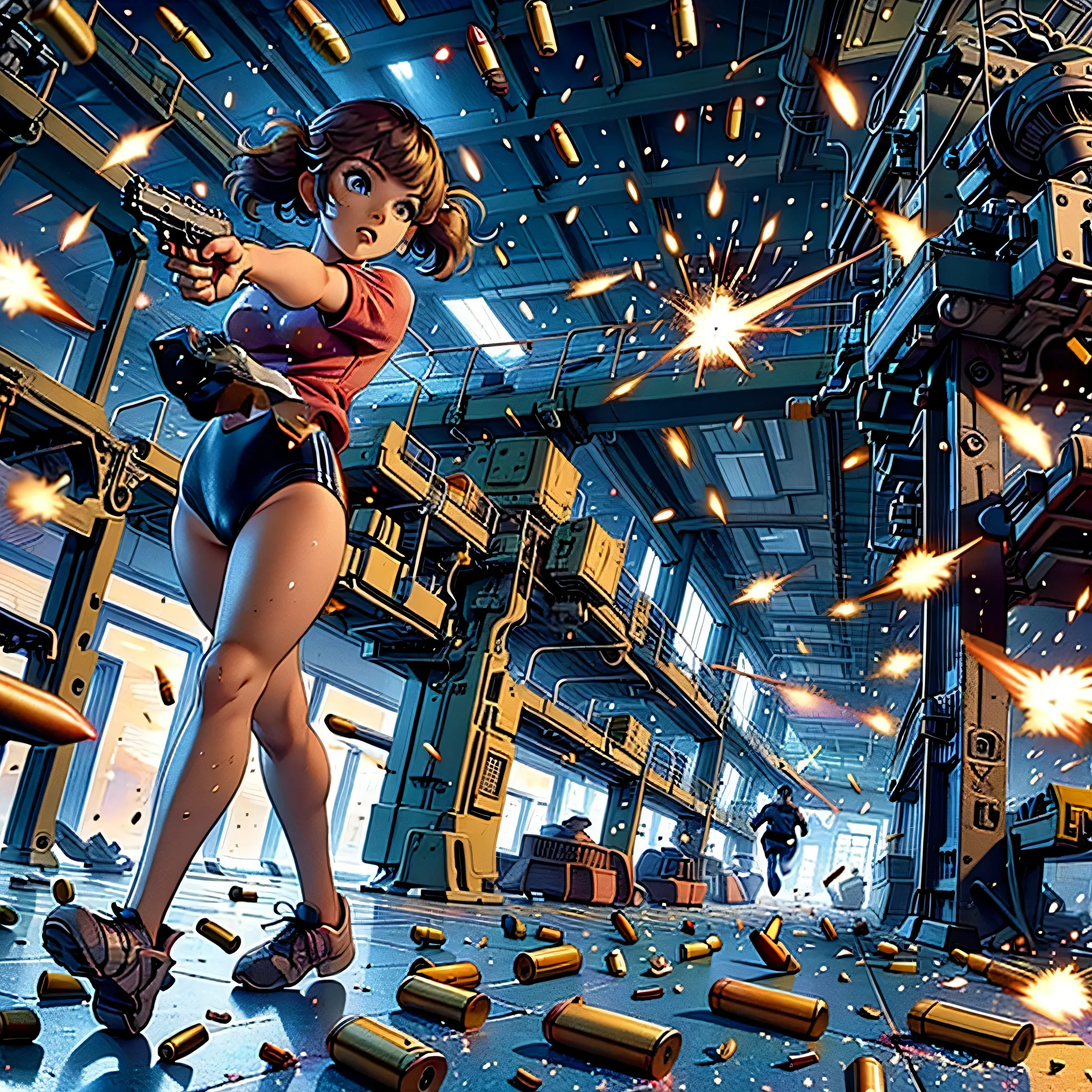  (yellow hair, blue eyes, blunt bangs, twintails) red shirt, black gymnastics bloomers,high leg,self wedgie,,  Jude Smith, Eddy Shinjuku, (((firing, bullet, gun,light particles))), running, highly detailed, high budget Hollywood film, text