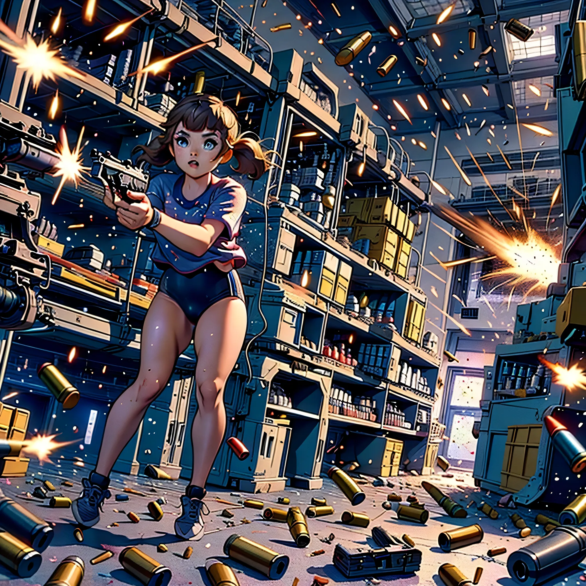  (yellow hair, blue eyes, blunt bangs, twintails) red shirt, black gymnastics bloomers,high leg,self wedgie,,  Jude Smith, Eddy Shinjuku, (((firing, bullet, gun,light particles))), running, highly detailed, high budget Hollywood film, text