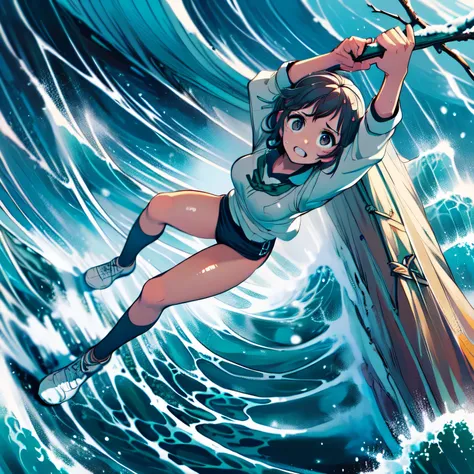 masterpiece,best quality,highly detailed,1girl,solo,scared,raised eyebrows,constricted pupils,surprised,clenched teeth,sweat,sweatdrop,purple eyes,black hair,long hair,lycoris uniform,green ribbon,long sleeves,black gymnastics bloomers,high leg,self wedgie...