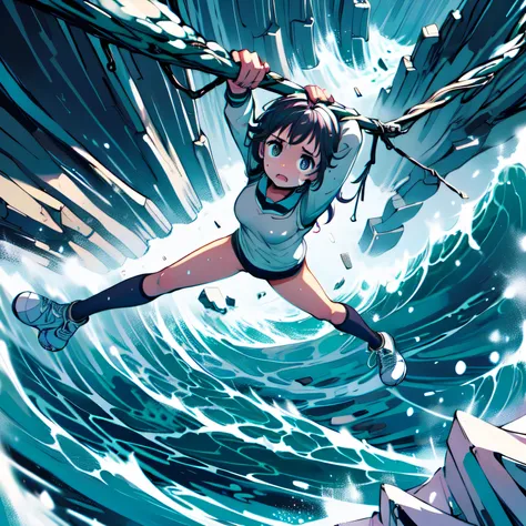 masterpiece,best quality,highly detailed,1girl,solo,scared,raised eyebrows,constricted pupils,surprised,clenched teeth,sweat,sweatdrop,purple eyes,black hair,long hair,lycoris uniform,green ribbon,long sleeves,black gymnastics bloomers,high leg,self wedgie...