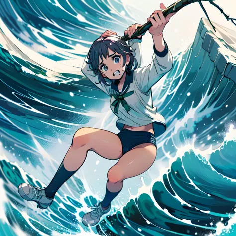 masterpiece,best quality,highly detailed,1girl,solo,scared,raised eyebrows,constricted pupils,surprised,clenched teeth,sweat,sweatdrop,purple eyes,black hair,long hair,lycoris uniform,green ribbon,long sleeves,black gymnastics bloomers,high leg,self wedgie...