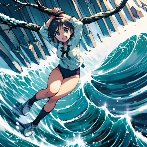 masterpiece,best quality,highly detailed,1girl,solo,scared,raised eyebrows,constricted pupils,surprised,clenched teeth,sweat,sweatdrop,purple eyes,black hair,long hair,lycoris uniform,green ribbon,long sleeves,black gymnastics bloomers,high leg,self wedgie...