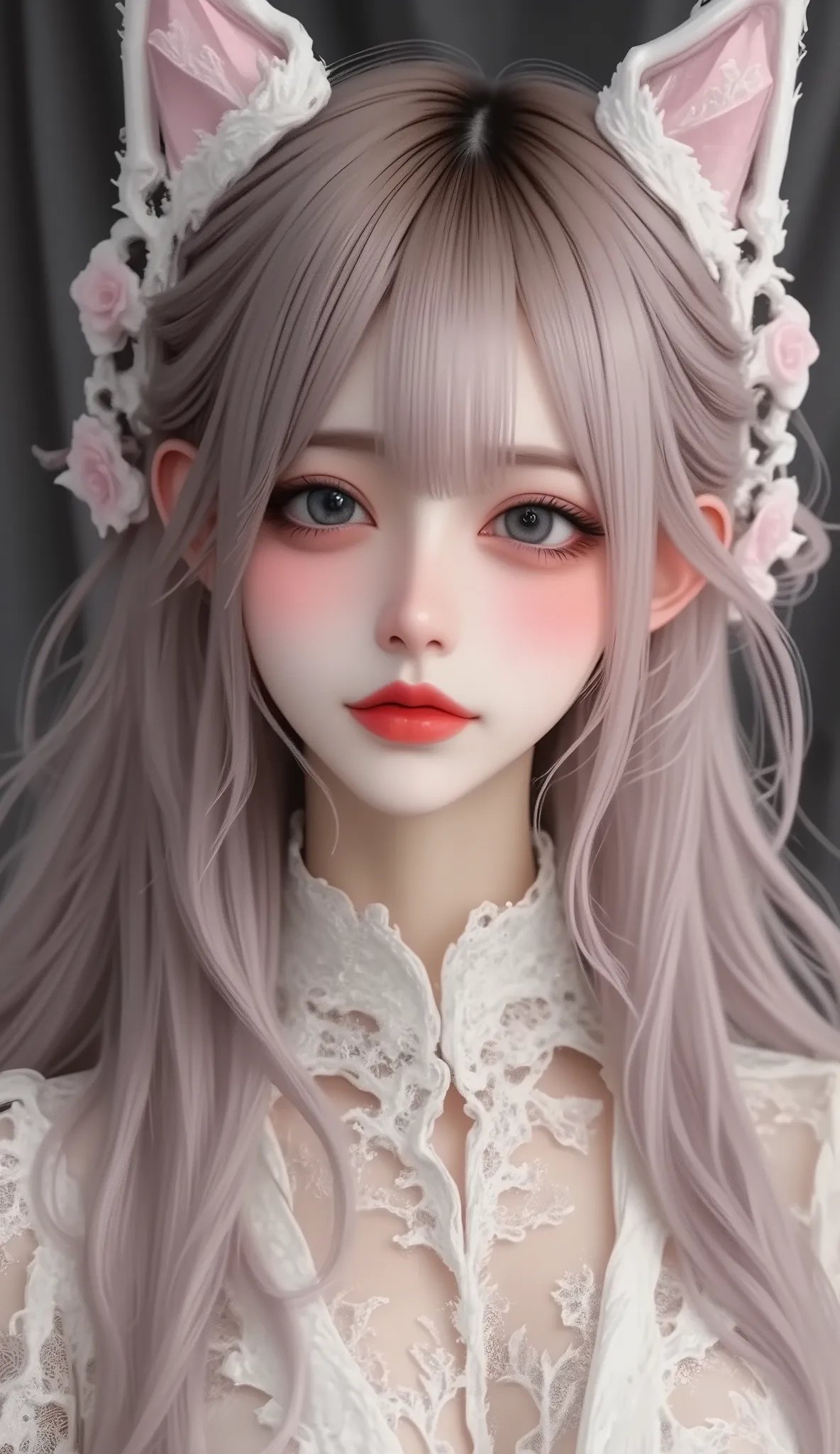 masterpiece, best image quality , 4K, Mecha, Mechaニカルなヘアバンド , long hair,Fluttering in the Wind, ash grey hair, Cyberpunk,Shrine maiden, depths of field, blurred background,