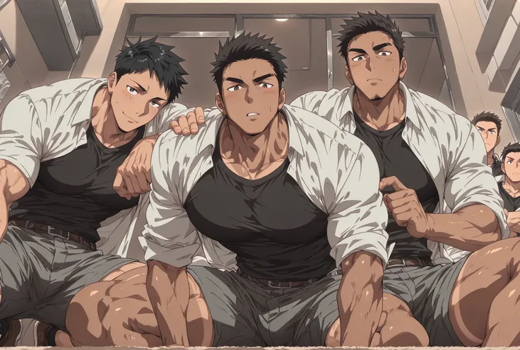 three boys, more muscular (1:5), more mature face (1:2), black hair, very tanned skin[