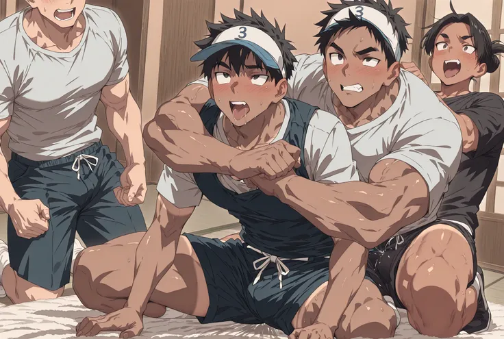 three boys, more muscular (1:5), more mature face (1:2), black hair, very tanned skin[kyoto street, ohogao,ohogao,orgasm