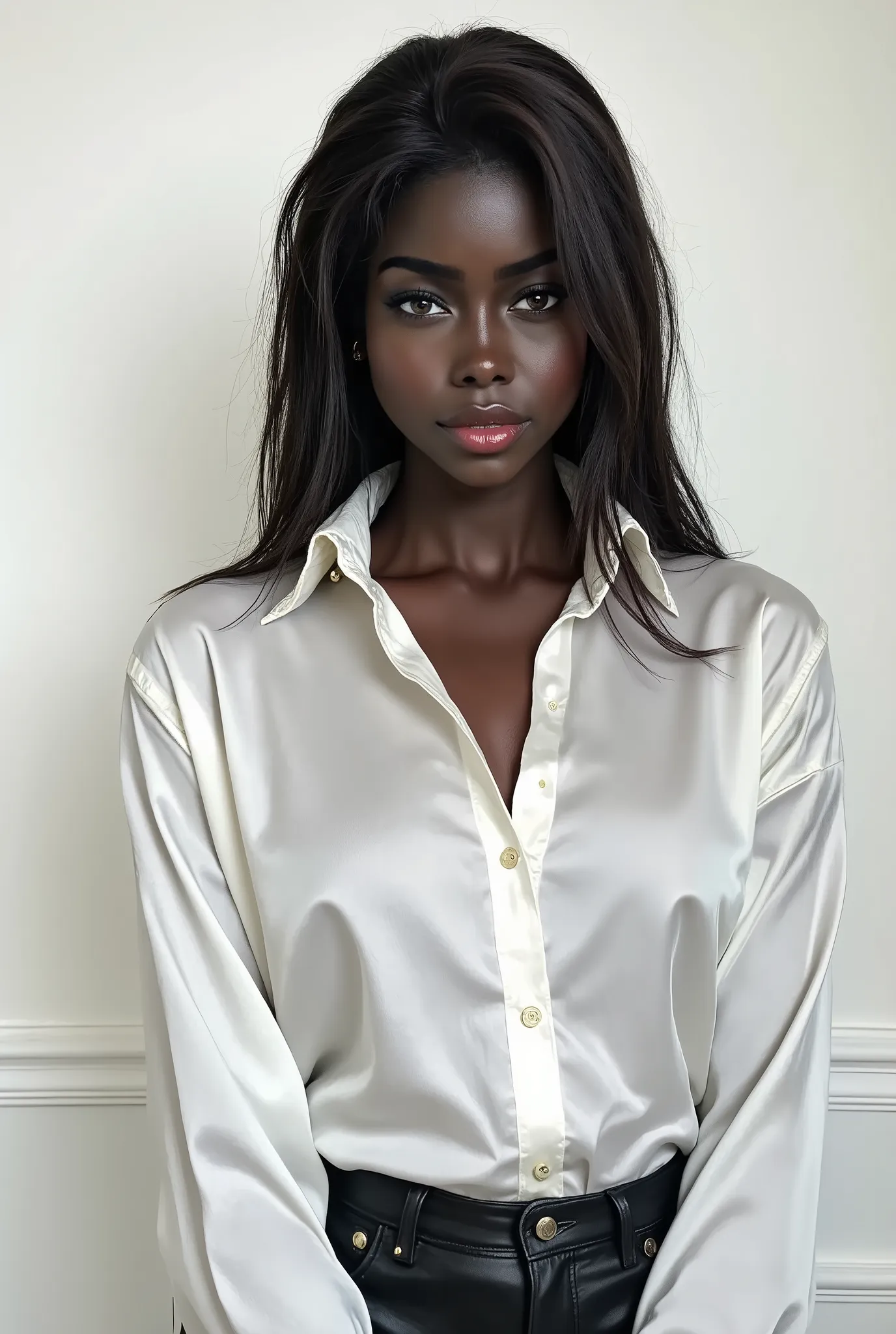 Nyla Lueeth, female model with a shiny white satin button down shirt, black leather pants, white studio background