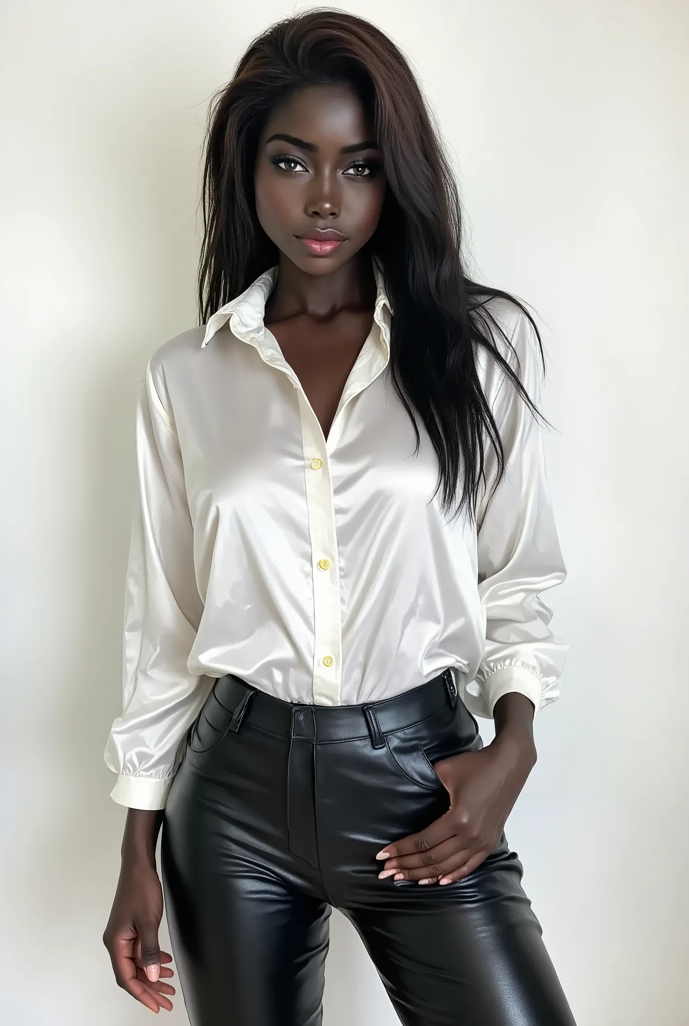 Nyla Lueeth, female model with a shiny white satin button down shirt, black leather pants, white studio background