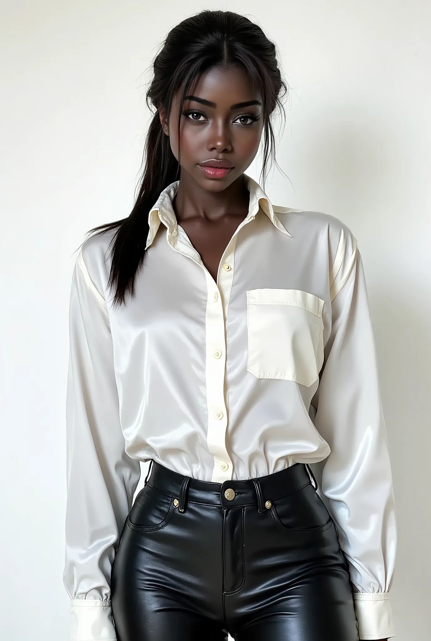 Nyla Lueeth, female model with a shiny white satin button down shirt, black leather pants, white studio background