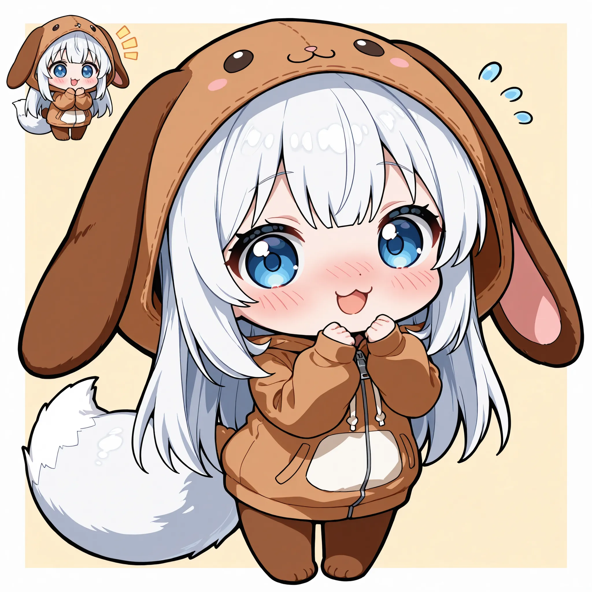 ((Masterpiece)),((best quality)),((incredibly absurdres)),((8K)),(anime style), 
1 (chibi girl),(anime chibi),solo,white hair,long hair,straight hair,blue eyes,baby face,cute,kawaii,(white fox tail),(lop ears),rabbit foot, 
wearing a brown rabbit hoodie,ho...