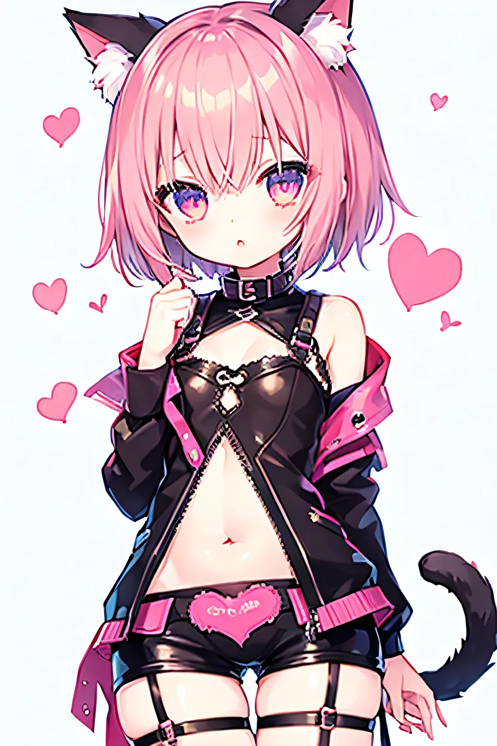 nsfw、  transparent pink short hair、  jacket too big  、hotpants、 Bondage、leather suit、collar with a t-back 、elementary school student 、  small breasts、deep、Shining Eyes 、Cat ears、(((((small body)))))、hearts❤、Dirty Prints、 belly tattoo 、garter belt