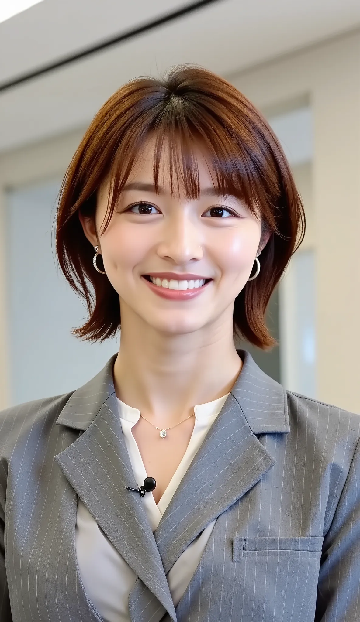Neat Young Woman、and look at the camera、office lady suit、jacket、shirt、ネックレス、、ear piercing、、smile showing teeth、背景はオフィス