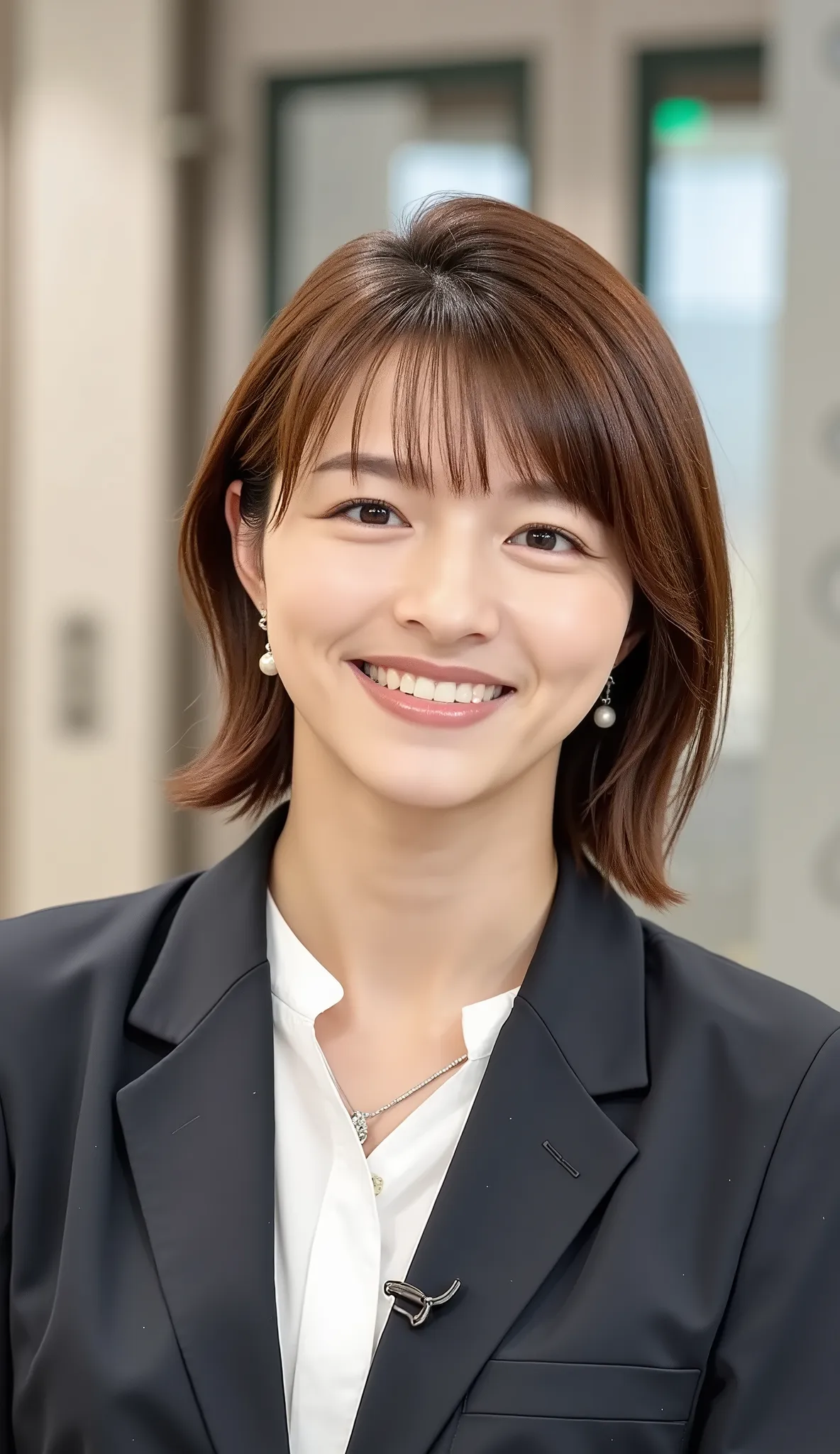 Neat Young Woman、and look at the camera、office lady suit、jacket、shirt、ネックレス、、ear piercing、、smile showing teeth、背景はオフィス