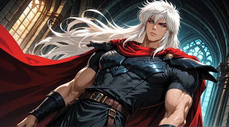 adult male,(Dark Schneider/Bastard!),handsome, tall, finely detailed eyes and detailed face, dutch angle, ((very long white hair)), blue eyes, more details, looking at the viewer, light skin, detailed textures, masculine, black muscle shirt, black pants...