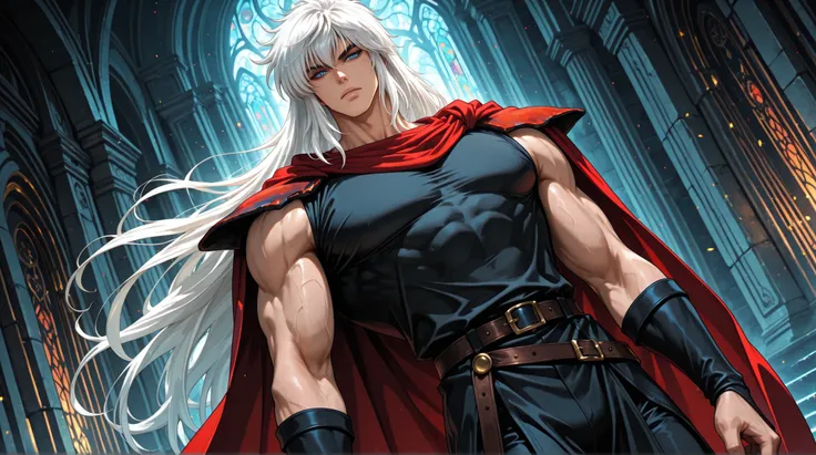 adult male,(Dark Schneider/Bastard!),handsome, tall, finely detailed eyes and detailed face, dutch angle, ((very long white hair)), blue eyes, more details, looking at the viewer, light skin, detailed textures, masculine, black muscle shirt, black pants...