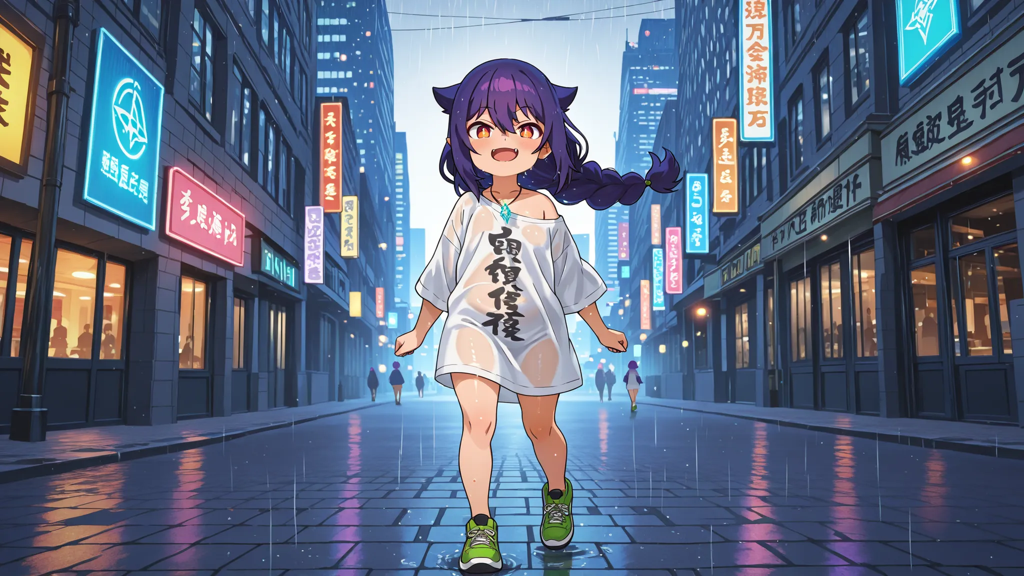 Full-body portrait of Jahy-sama walking down a bustling city street, wearing an extra-long white T-shirt that drags on the ground, revealing only the tips of her green sneakers.

Character details:

Purple hair styled in a thick braid with two loose strand...