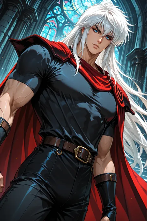 adult male,(Dark Schneider/Bastard!),handsome, tall, finely detailed eyes and detailed face, dutch angle, ((very long white hair)), blue eyes, more details, looking at the viewer, light skin, detailed textures, masculine, black muscle shirt, black pants...