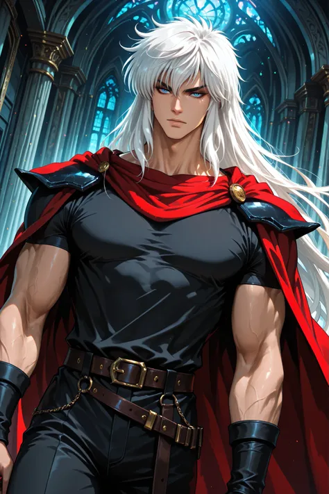 adult male,(Dark Schneider/Bastard!),handsome, tall, finely detailed eyes and detailed face, dutch angle, ((very long white hair)), blue eyes, more details, looking at the viewer, light skin, detailed textures, masculine, black muscle shirt, black pants...