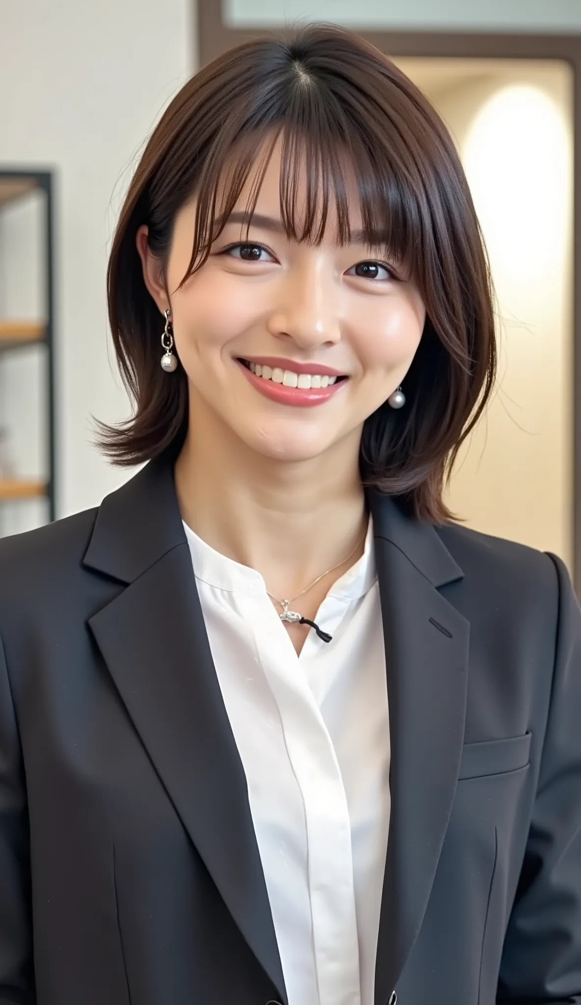 Neat Young Woman、and look at the camera、office lady suit、jacket、shirt、ネックレス、、ear piercing、漆黒の髪、smile showing teeth、背景はオフィス