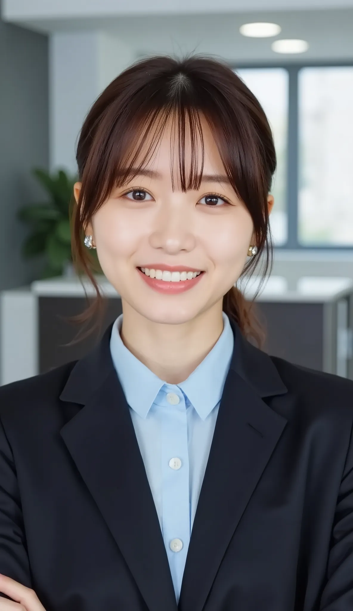 Neat Young Woman、and look at the camera、office lady suit、jacket、shirt、 、、ear piercing、髪型ショートカット、、 、smile showing teeth、background is office
