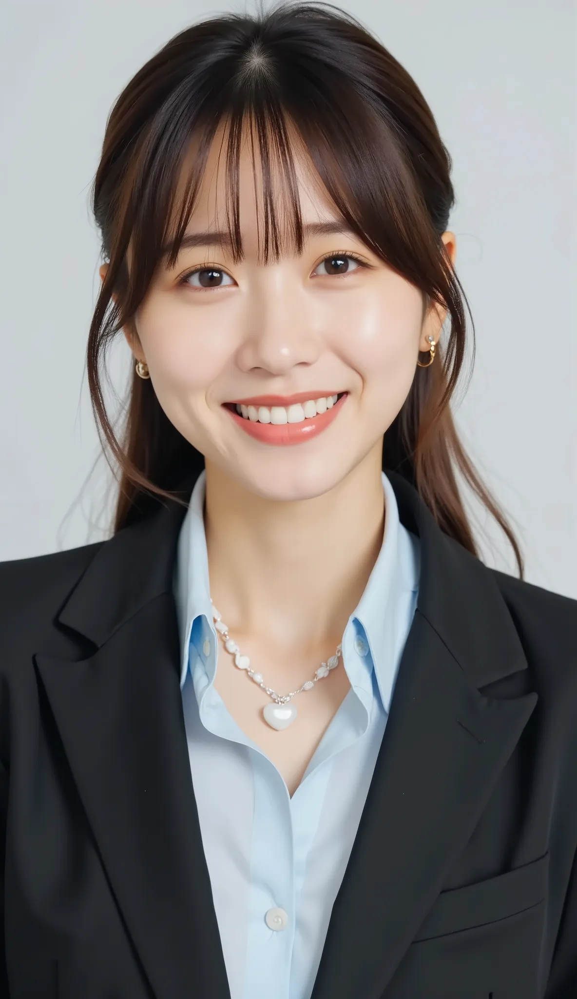Neat Young Woman、and look at the camera、office lady suit、jacket、shirt、necklace、ear piercing、、smile showing teeth、背景はオフィス

