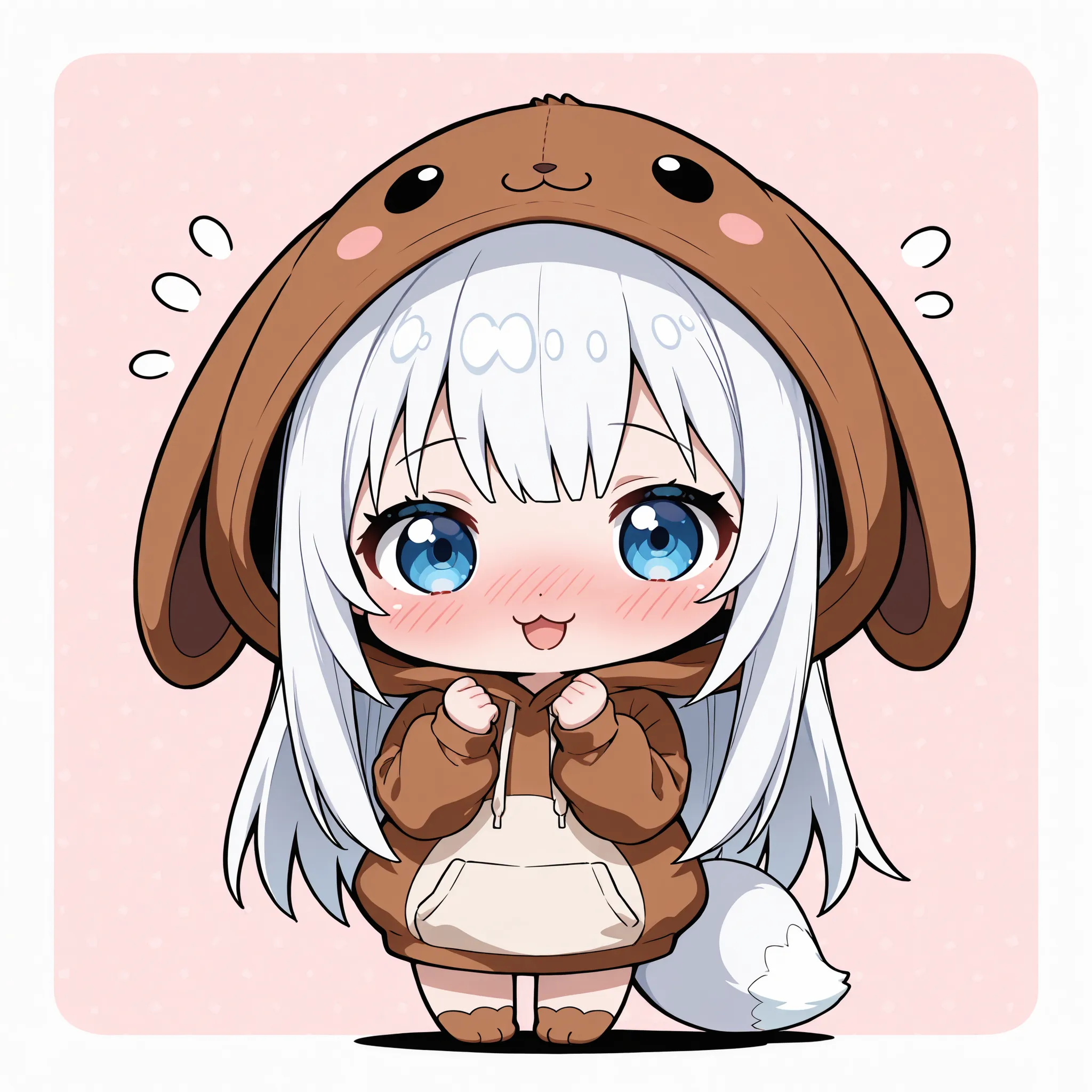 ((Masterpiece)),((best quality)),((incredibly absurdres)),((8K)),(anime style), 
1 (chibi girl),(anime chibi),solo,white hair,long hair,straight hair,blue eyes,baby face,cute,kawaii,(white fox tail),(lop ears),rabbit foot, 
wearing a brown rabbit hoodie,ho...