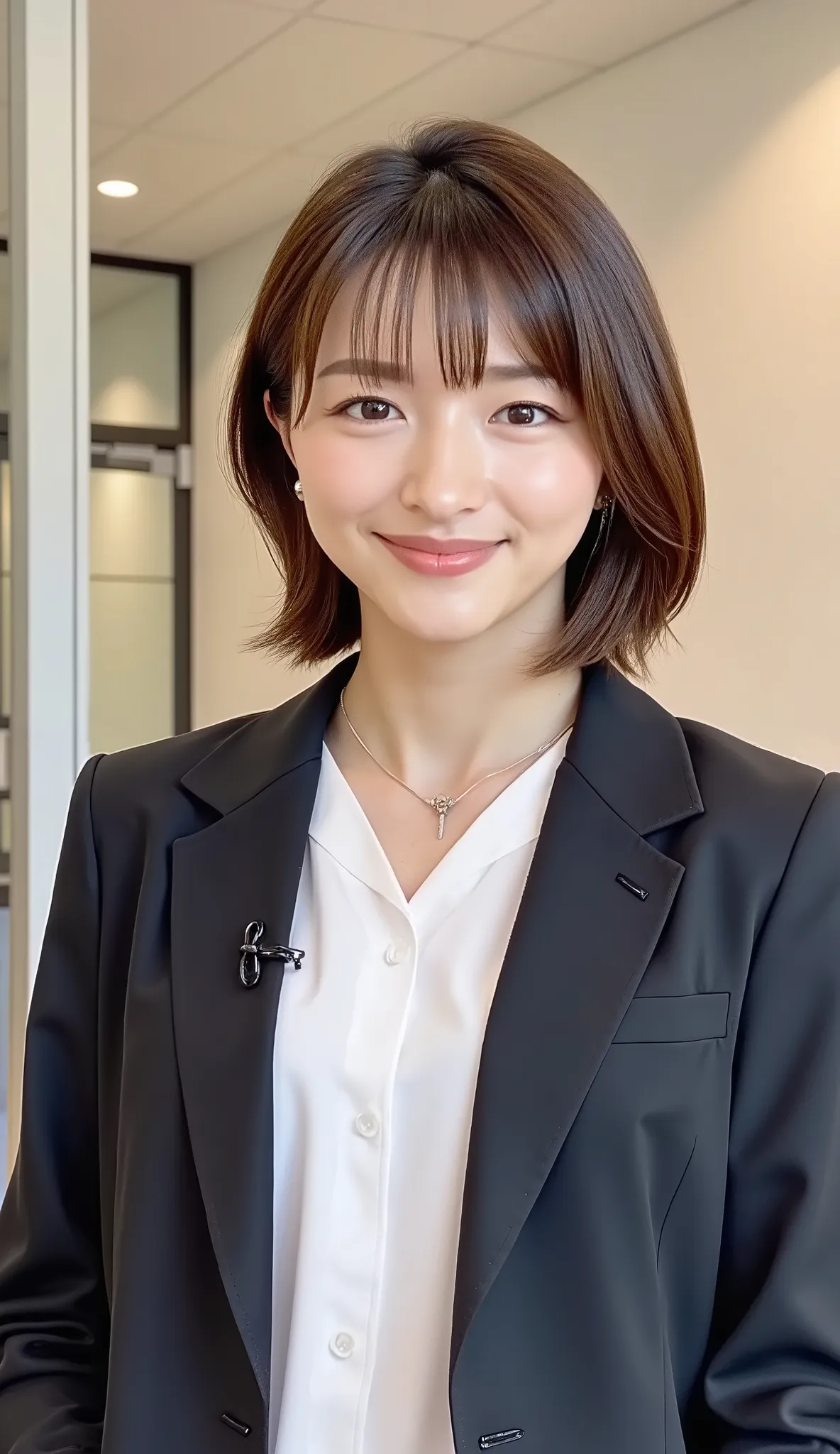 Neat Young Woman、and look at the camera、office lady suit、jacket、shirt、ネックレス、、ear piercing、漆黒の髪、smile showing teeth、背景はオフィス