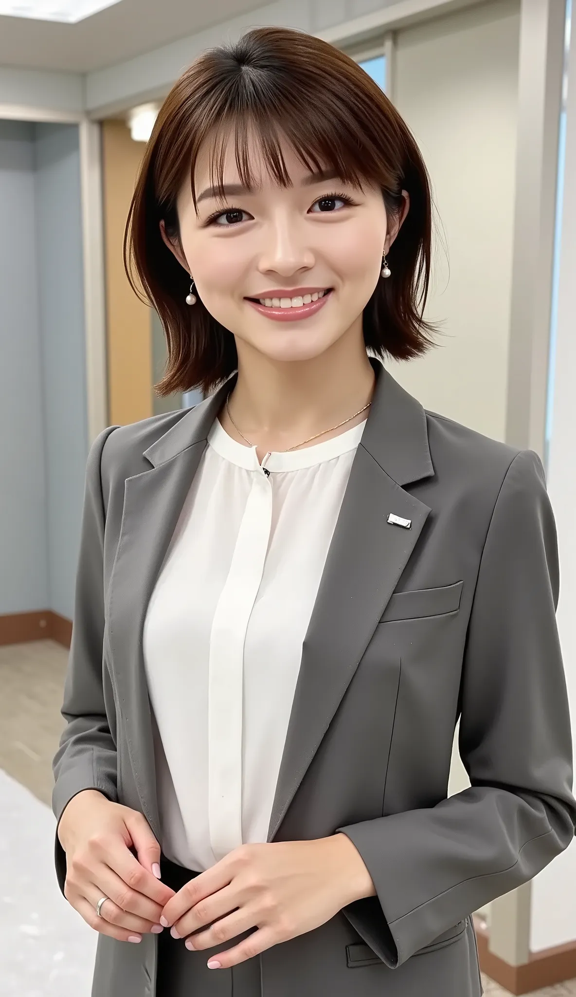 Neat Young Woman、and look at the camera、office lady suit、jacket、shirt、ネックレス、、ear piercing、漆黒の髪、smile showing teeth、背景はオフィス